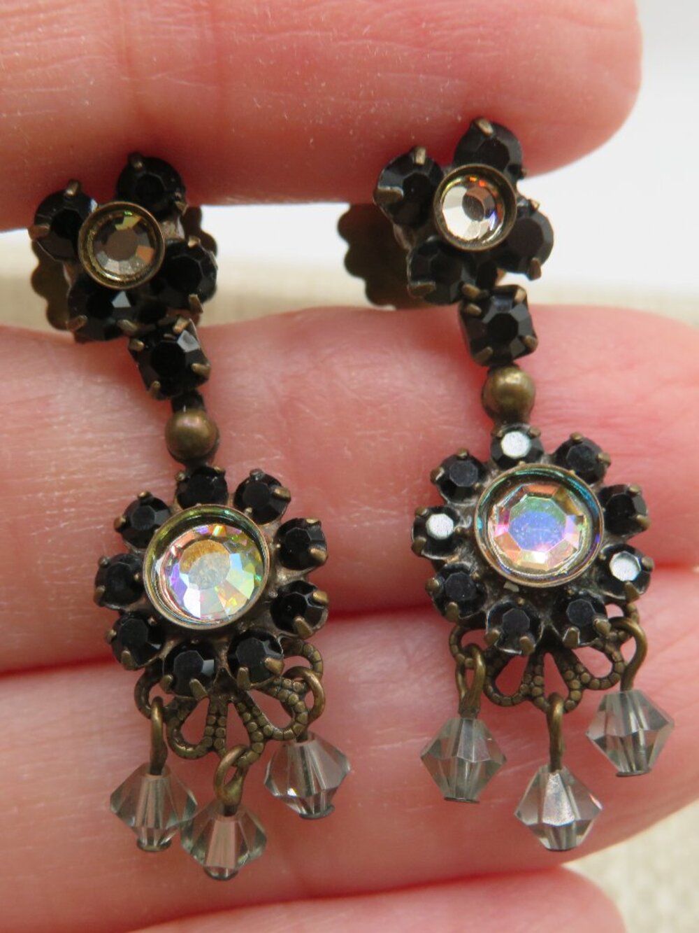 Vintage Sorrelli Black Rhinestone and AB Dangle Earrings